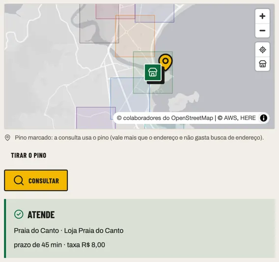 Painel do ZecaOn, balcão: o pino no mapa e a resposta "atende", com o bairro, a loja, o prazo de 45 minutos e a taxa.