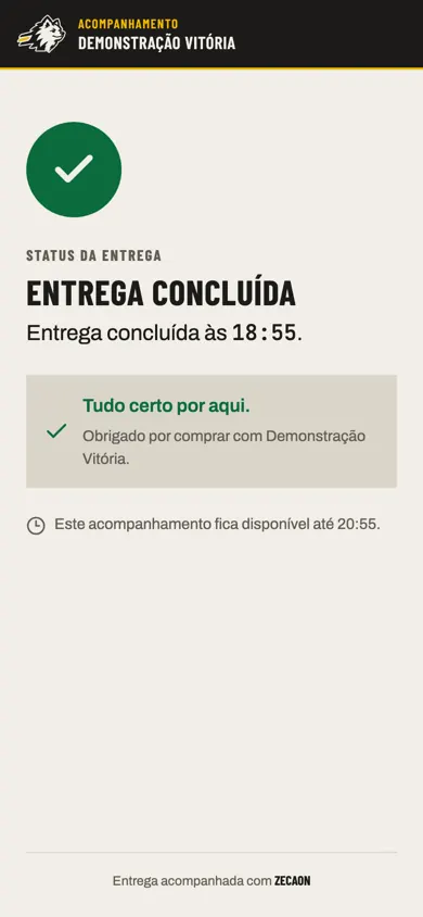 Página de acompanhamento do cliente no celular: entrega concluída, com a hora.