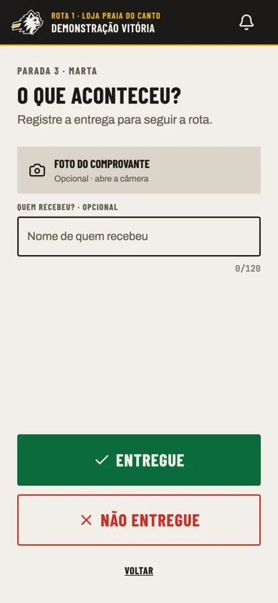 Link do entregador: a tela de concluir a parada, com a foto do comprovante opcional e os botões Entregue e Não entregue.