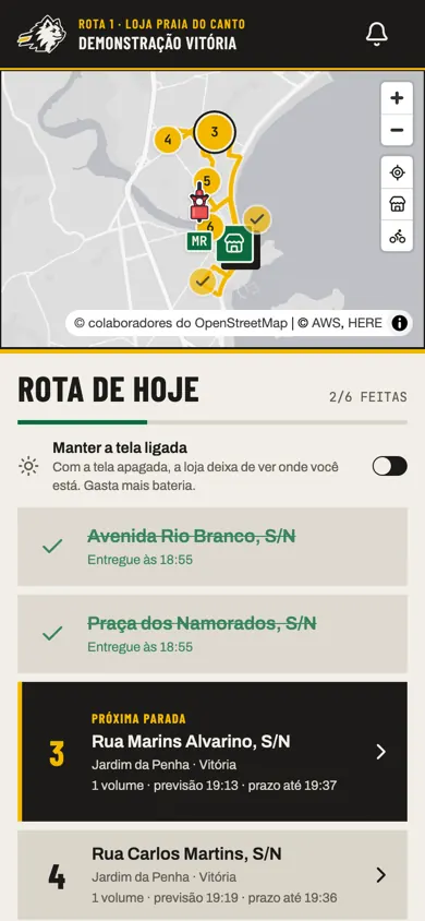 Link do entregador no celular: o mapa da rota, duas entregas feitas e a próxima parada em destaque, com endereço e previsão.