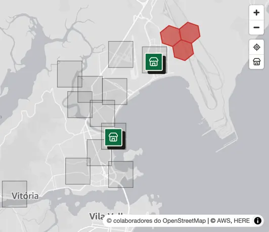 Painel do ZecaOn, relatório de expansão: hexágonos vermelhos no mapa mostram onde houve procura fora da área atendida, ao lado de uma das lojas.